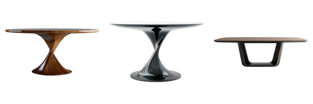 Three tables are shown, each with a different style and design