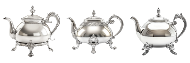 Three silver tea pots with different designs