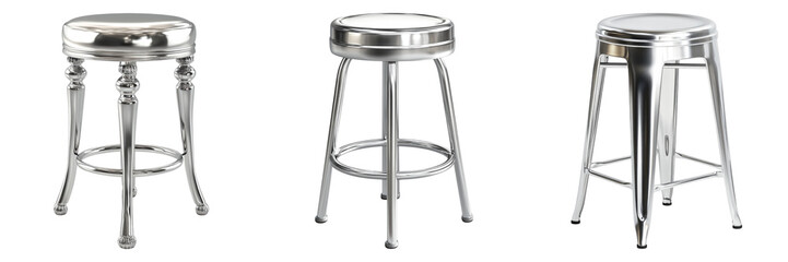 Three different types of metal stools are shown, with one being a high stool