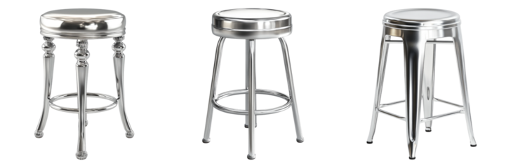 Three different types of metal stools are shown, with one being a high stool