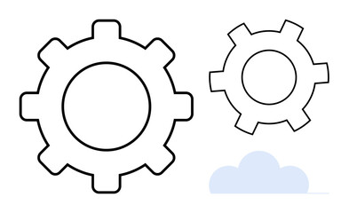 Two outlined gears of different sizes connected near a minimal cloud shape. Ideal for automation, collaboration, technology, innovation, engineering, cloud computing, simple landing page