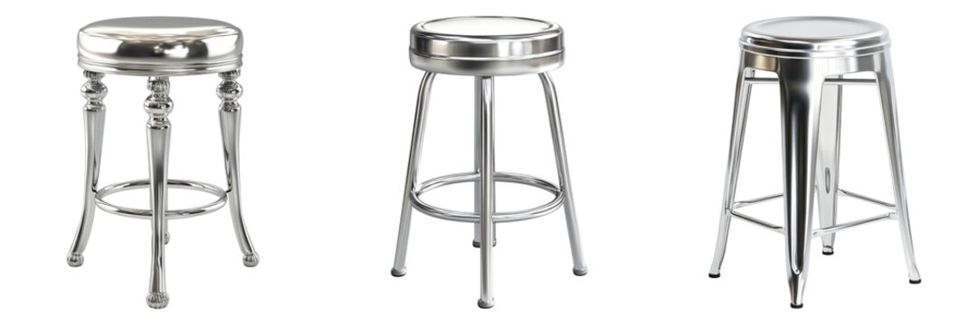 Three different types of metal stools are shown, with one being a high stool
