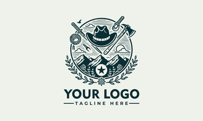 Western cowboy man wearing wide-brimmed hat and vest inside circular emblem with confident posture. People concept
