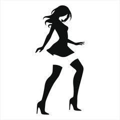(Knee-high thigh-high boots )Vector Silhouette of a Woman in Fashionable Attire/A bold, black silhouette of a woman in a short dress and high heels, against a plain white background.