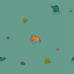Seamless water-themed pattern with hippo, crocodile and pond plants. Naive and playful cartoon design for children.