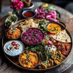 Colorful array of assorted dishes on a large platter.