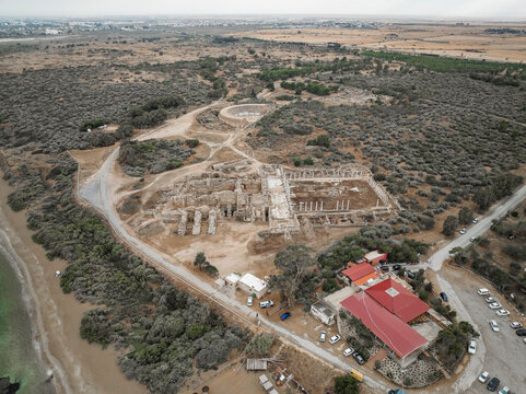Aerial view of ancient ruins with historical architecture and columns in a scenic coastal landscape, Agios Sergios, Famagusta, Turkish Republic of Northern Cyprus.