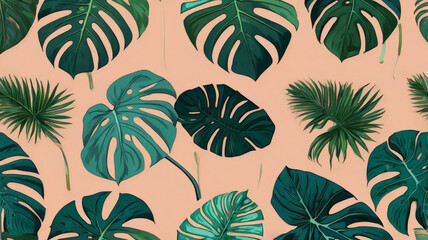 Tropical Palm Leaf and Monstera Pattern Lush Green Foliage on Peach Background