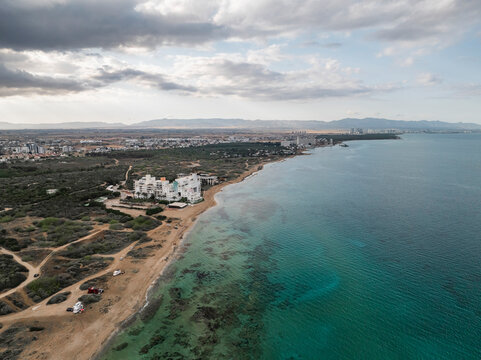 Aerial view of ancient salamis with beautiful coastline and tranquil sea, Agios Sergios, Famagusta, Turkish Republic of Northern Cyprus.
