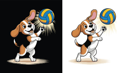 Playful Beagle Dog in Blue and Yellow Volleyball