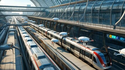 A dynamic scene of a futuristic transport terminal with bullet trains and autonomous flying drones. Ideal for sci-fi, innovation, technology, smart cities, and mobility themes. - Powered by Adobe