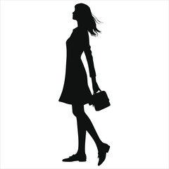 (Loafers ballet flats)Stylish woman walking, carrying a bag, in  vector silhouette./A simple, elegant silhouette of a woman walking, carrying a handbag.