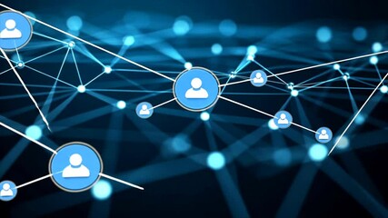 A network of blue circles containing silhouette icons of people connected by white lines on a dark blue background - Powered by Adobe