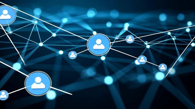 A network of blue circles containing silhouette icons of people connected by white lines on a dark blue background - Powered by Adobe