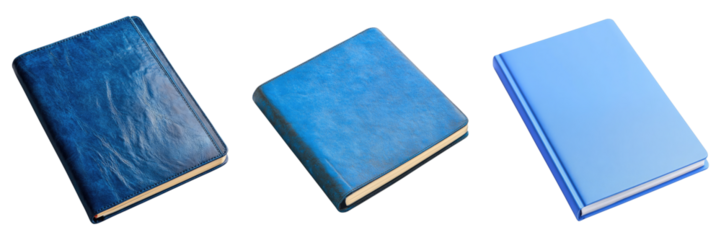 Three blue books with leather bindings