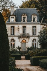 Elegant historic mansion surrounded by lush gardens in the late afternoon light with warm tones illuminating the windows