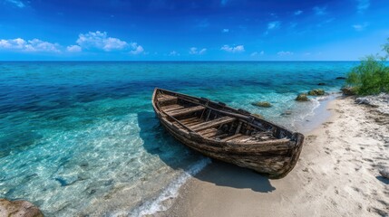 Obraz premium Sun-drenched beach with weathered wooden boat. Tranquil sea, sandy shore, and bright sky