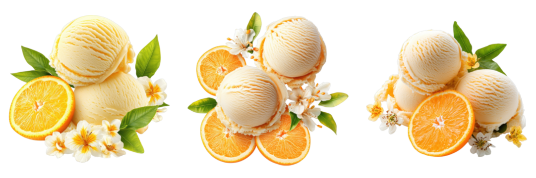 Three different flavors of ice cream with a slice of orange on top