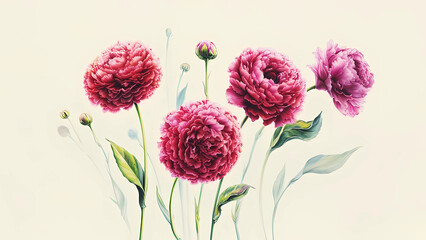 Delicate watercolor painting featuring blooming pink peonies with fine green leaves and stems on a soft, light background. 