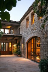 Elegant rustic house with stone exterior and warm lighting showcases beautiful architecture at dusk in a tranquil setting