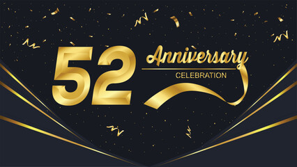 A luxurious 52th anniversary celebration design featuring bold golden typography, ribbons, and shimmering confetti on a sleek black background for a festive, elegant occasion.