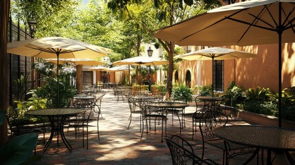Fototapeta premium Outdoor cafe or restaurant with wrought iron and rattan furniture, round and square tables under umbrellas