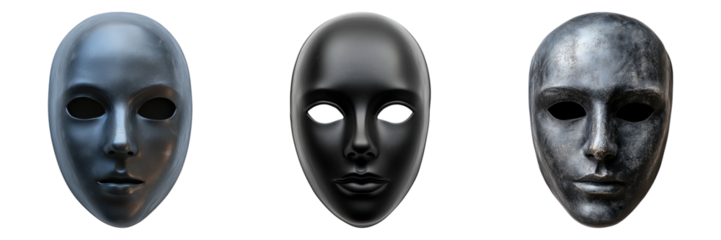 Three black and white masks with a silver face