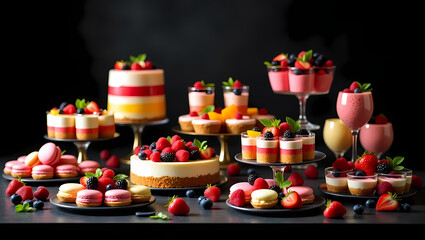 Fototapeta premium A Decadent Symphony of Sweet Delights An Artful Arrangement of Exquisite Desserts Bursting with Color, Flavor, and Elegant Presentation