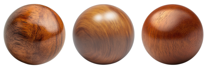 Three wooden spheres are shown in a row