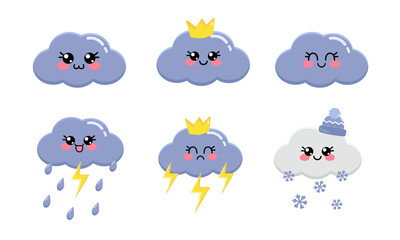 Kawaii vector collection, set of cute cloud, sun, moon, rainbow, rain, snow, clouds and stars isolated on white background