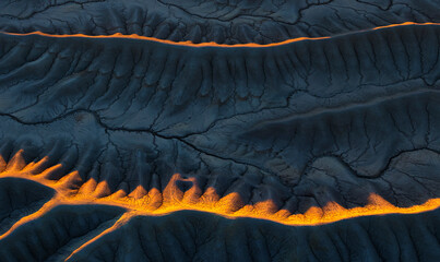 Aerial view of breathtaking geological formations with dramatic patterns and textures in a rugged desert landscape, Hanksville, Utah, United States.
