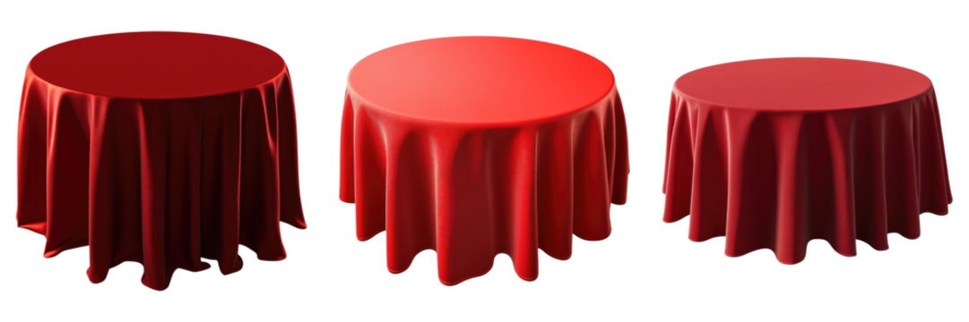 Three red tablecloths are displayed on a white background