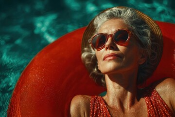 Elderly Woman Relaxing on Inflatable Pool Ring During Summer Vacation
