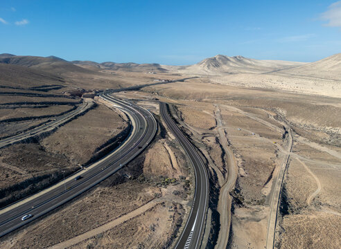 Aerial view of Fuerteventura roads and arid desert landscape, Pajara, Las Palmas, Spain.