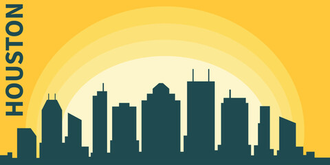 Obraz premium silhouette of the Houston skyline against the backdrop of the Big Yellow Sunset. The setting sun creates a gradient from bright yellow to orange.
