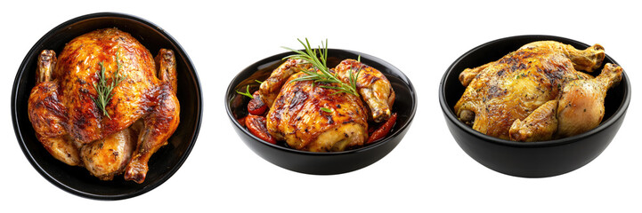 Three bowls of chicken are shown, each with different seasonings and garnishes