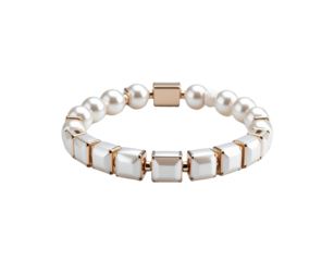 Elegant bracelet featuring luminous pearls and white square ceramic links with gold accents