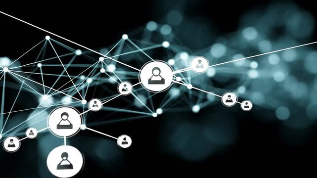 Abstract network illustration with person icons connected by lines against a bokeh black and turquoise background