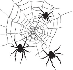 Obraz premium Spider Web with Spiders Illustration: Halloween Decoration, Creepy Crawly Arachnids, Black and White Vector Art for Spooky Designs
