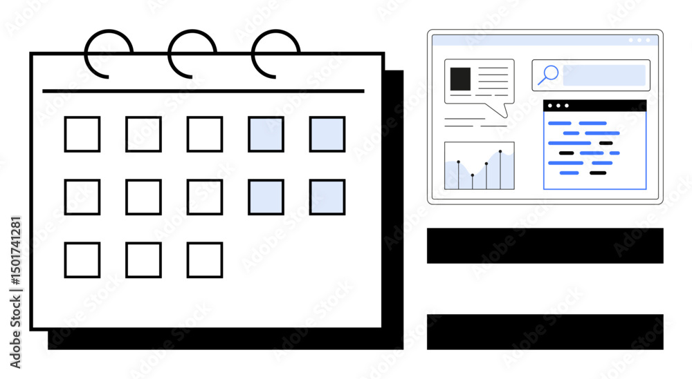 Poster calendar with marked dates and digital dashboard featuring charts, notes, and a search bar. ideal fo