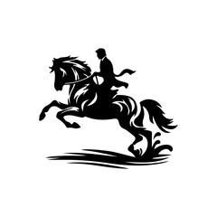 Rider on horse silhouette jumping water isolated on white background