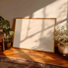 a horizontal 24x36 blank frame mock up laying on its longer side warm lighting golden hour