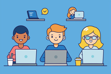 Cartoon people working on laptops at a virtual meeting with blue background