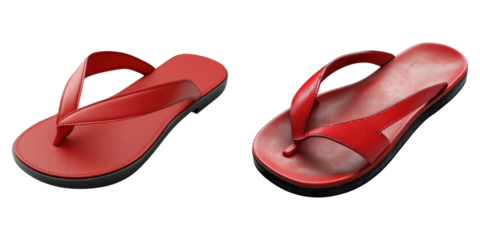 Two red flip flops are shown side by side