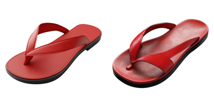 Two red flip flops are shown side by side