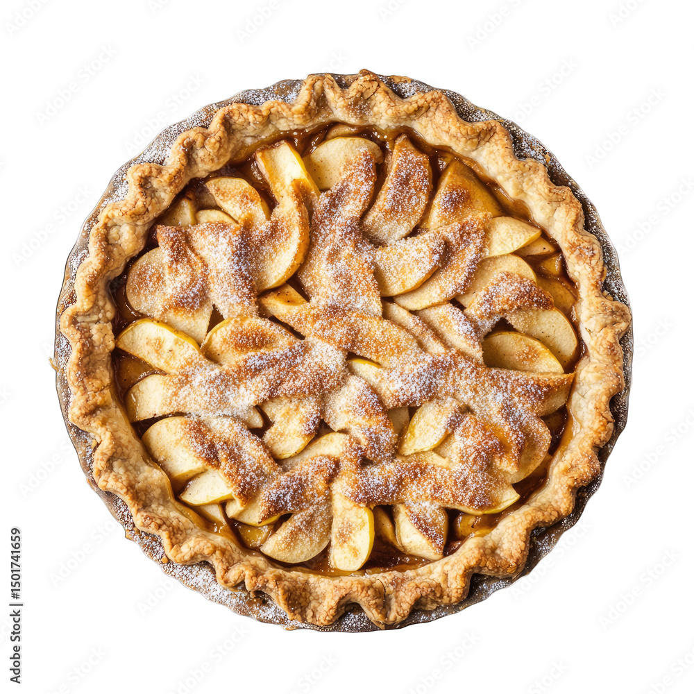 Poster overhead view of a whole apple pie with a golden crust and sliced apples on a black background isola