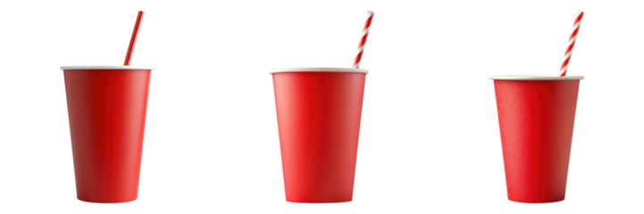 Three red cups with straws in them
