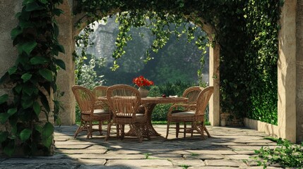 Obraz premium Outdoor dining scene with table and chairs