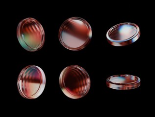 red 3d glass rendering dispersion coins set in different angles