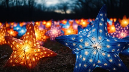 Star-shaped lanterns, vibrant colors, glowing in a field at twilight